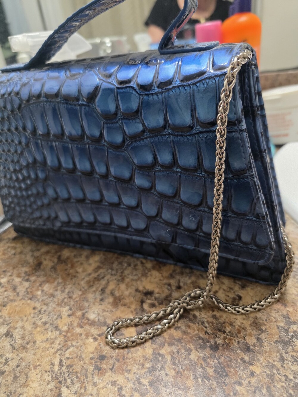 Croc-Embossed Mini Shoulder Bag in Blue with Chain Strap